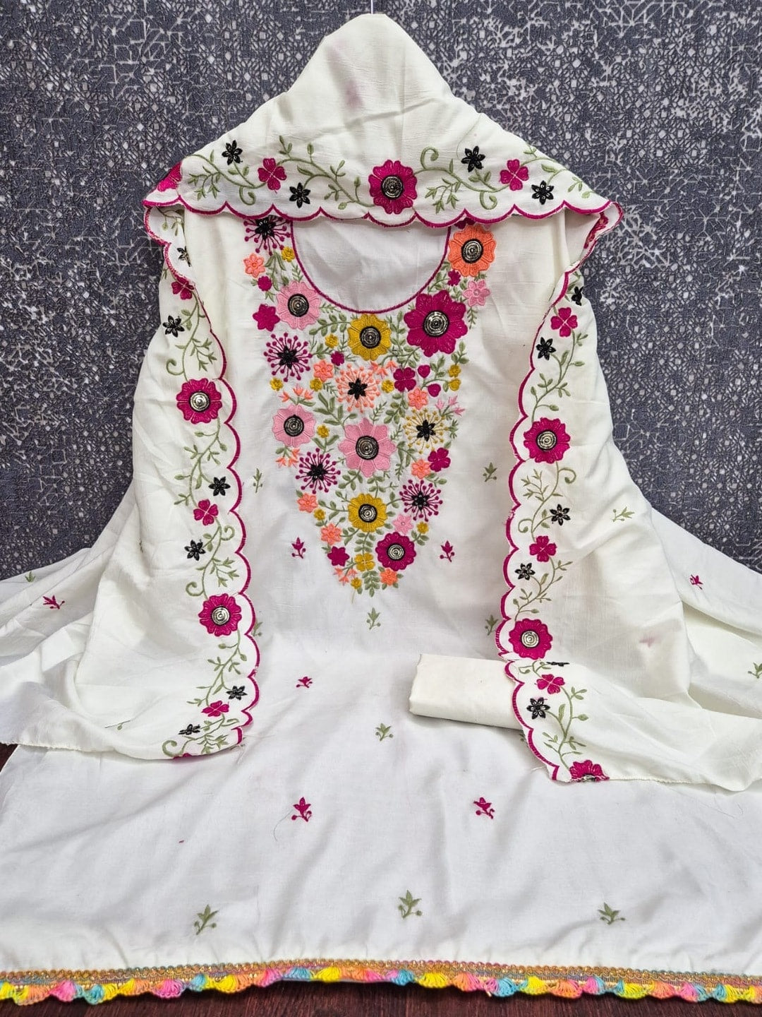 Peachmode White Parampara Silk Unstitched Dress Material With Multicolour Floral Sequence Mirror Work And Scalloped Embroidered Dupatta - Image 3