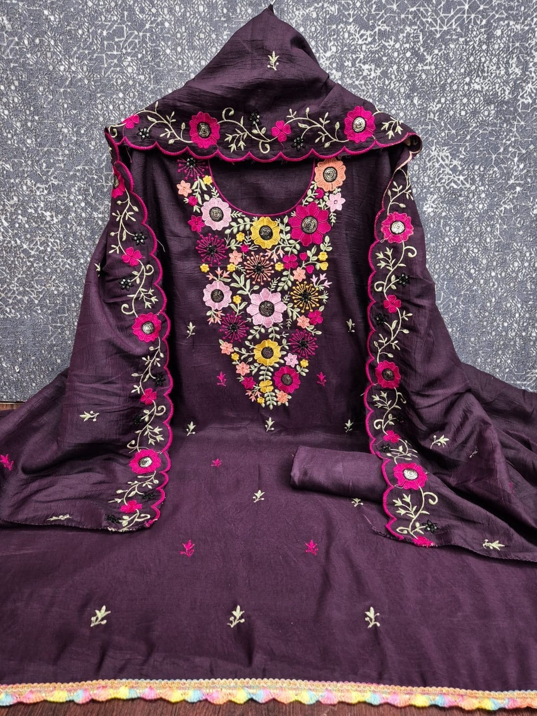 Peachmode Wine Parampara Silk Unstitched Dress Material With Multicolour Floral Sequence Mirror Work And Scalloped Embroidered Dupatta - Image 3