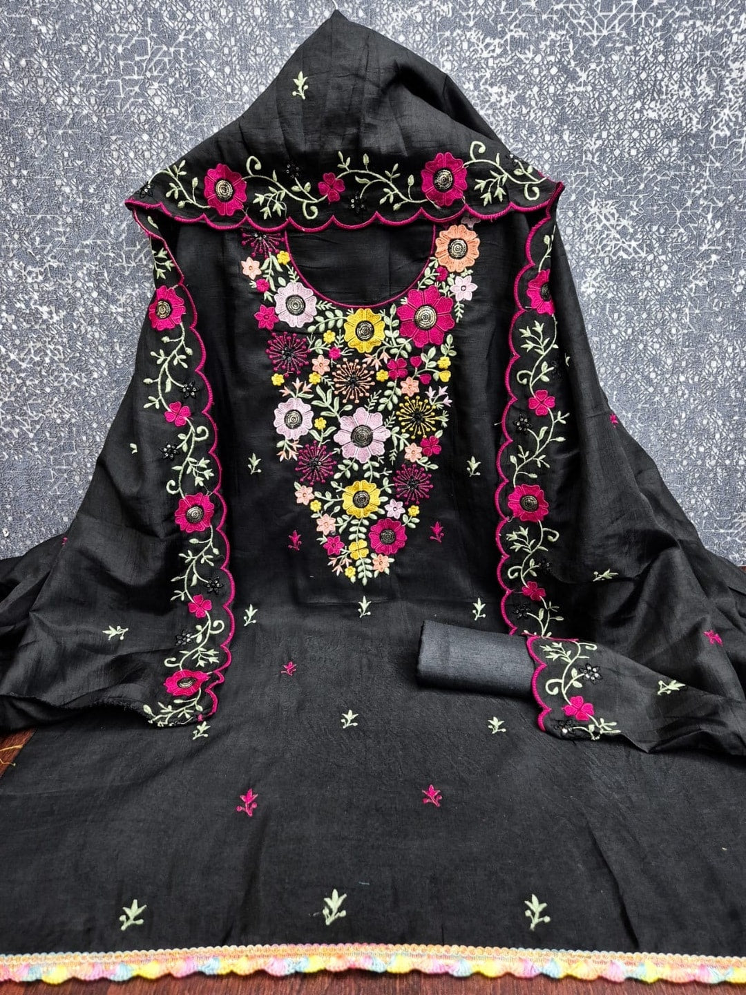 Peachmode Black Parampara Silk Unstitched Dress Material With Multicolour Floral Sequence Mirror Work And Scalloped Embroidered Dupatta - Image 3