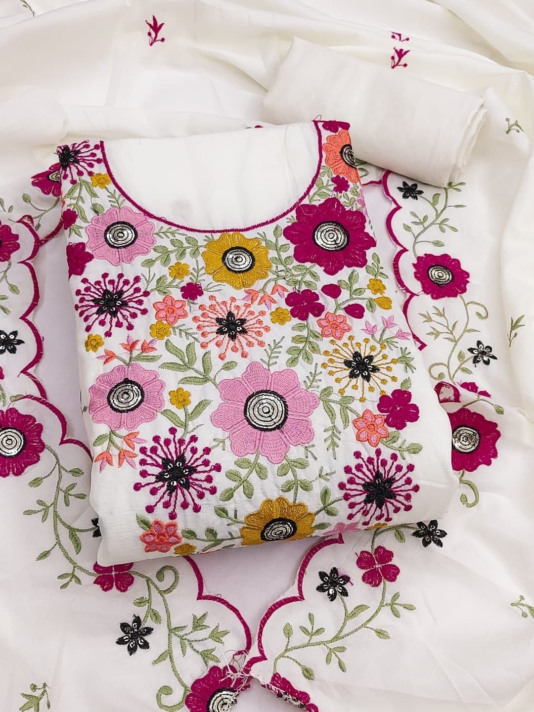 Peachmode White Parampara Silk Unstitched Dress Material With Multicolour Floral Sequence Mirror Work And Scalloped Embroidered Dupatta - Image 4