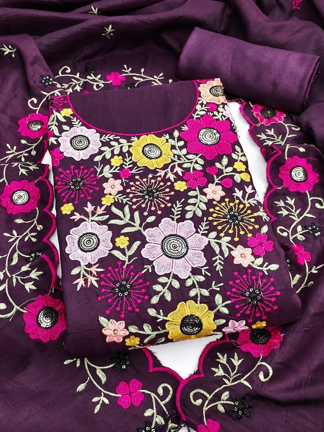 Peachmode Wine Parampara Silk Unstitched Dress Material With Multicolour Floral Sequence Mirror Work And Scalloped Embroidered Dupatta - Image 4