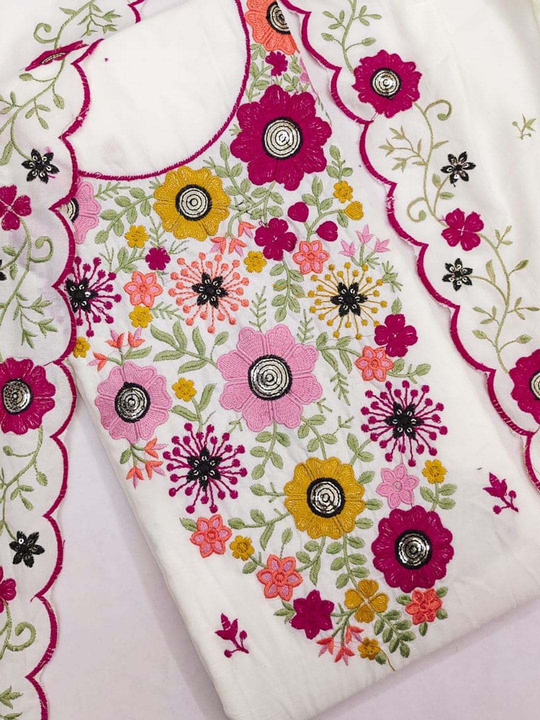 Peachmode White Parampara Silk Unstitched Dress Material With Multicolour Floral Sequence Mirror Work And Scalloped Embroidered Dupatta - Image 5
