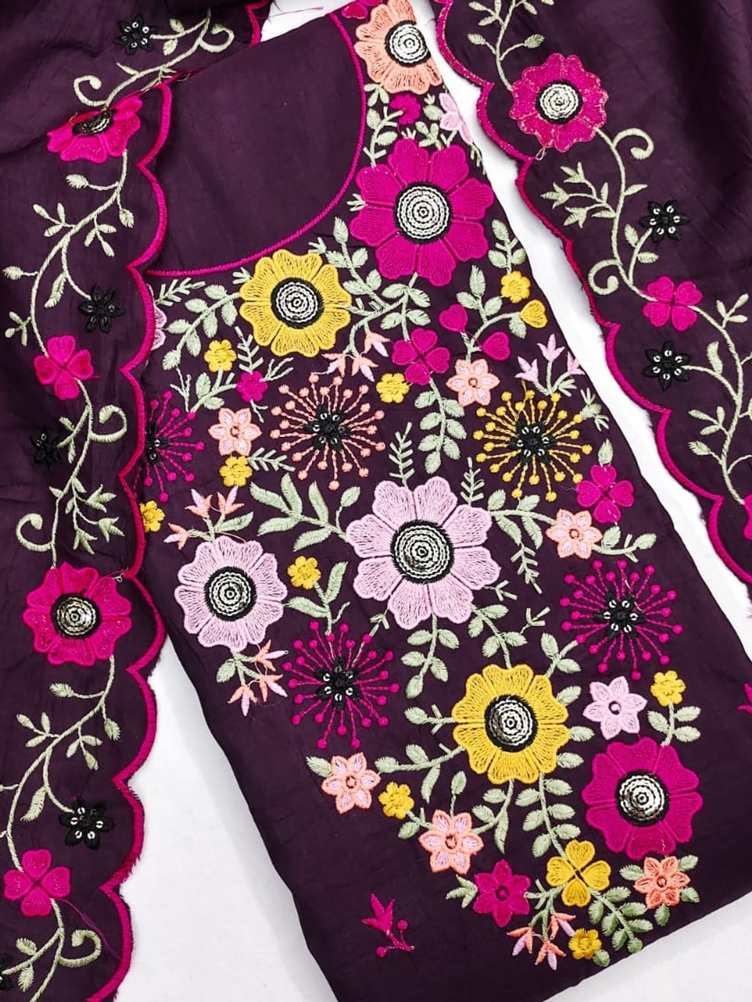 Peachmode Wine Parampara Silk Unstitched Dress Material With Multicolour Floral Sequence Mirror Work And Scalloped Embroidered Dupatta - Image 5