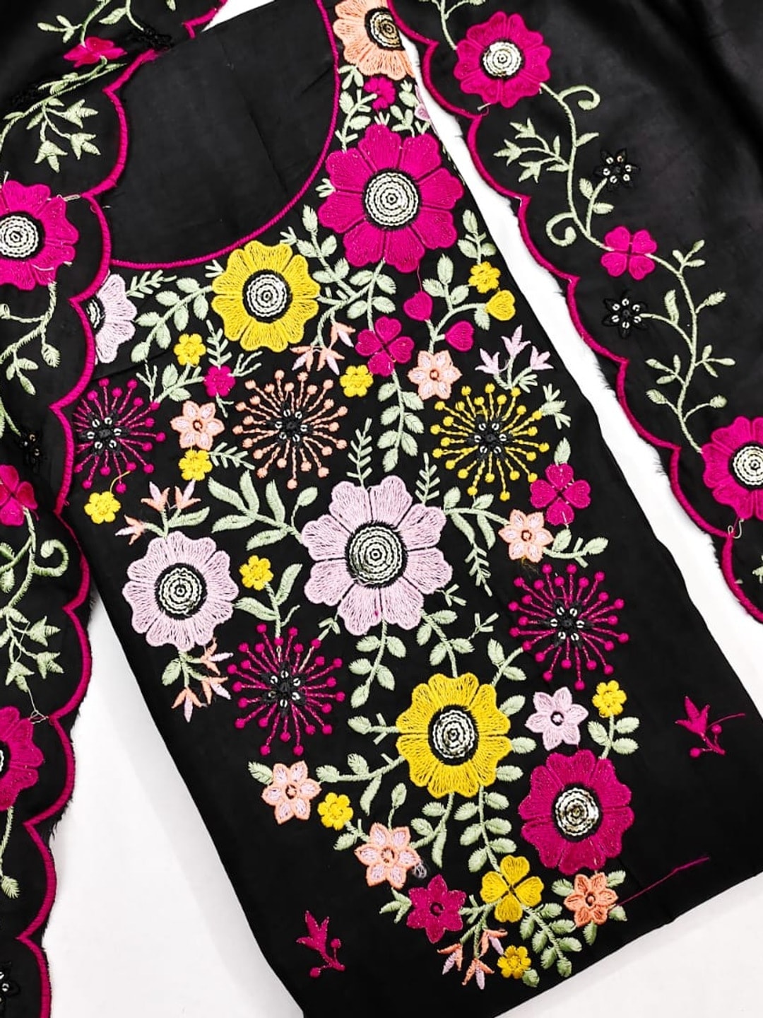 Peachmode Black Parampara Silk Unstitched Dress Material With Multicolour Floral Sequence Mirror Work And Scalloped Embroidered Dupatta - Image 5