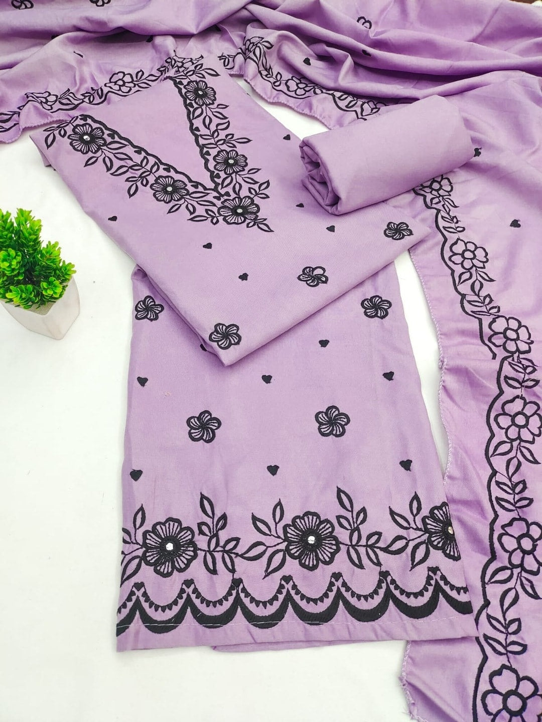 Peachmode Lavender Poly Rayon Unstitched Dress Material With Black Floral Embroidered Neck And Daman Work And Embroidered Dupatta - Image 1