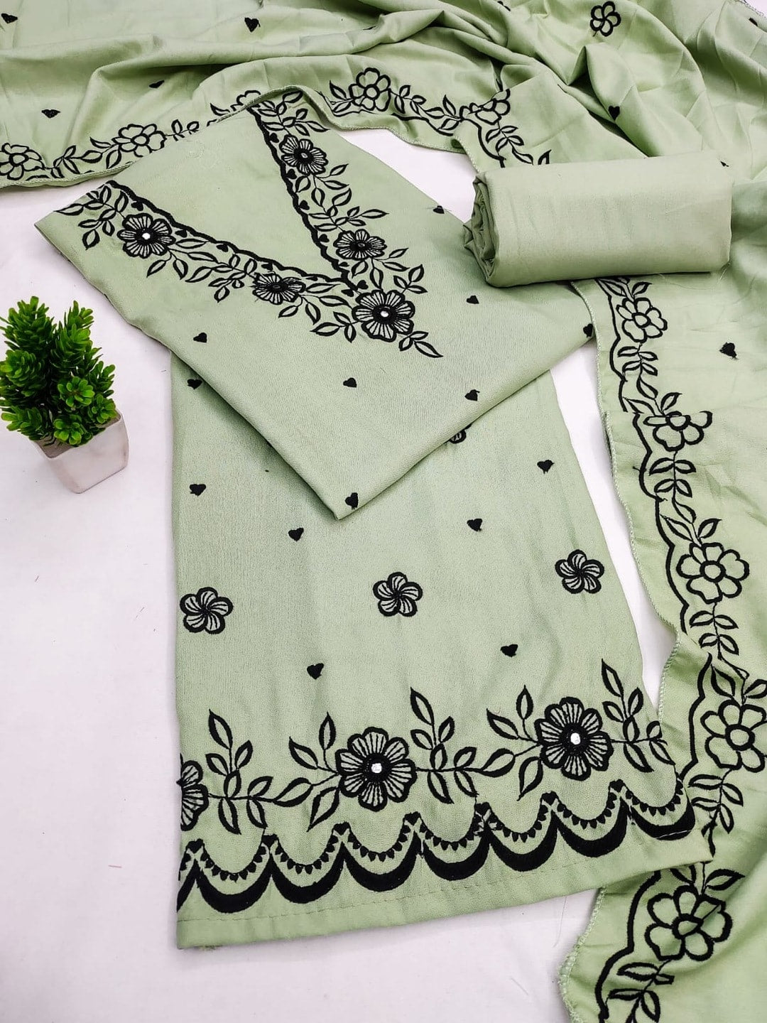Peachmode Light Green Poly Rayon Unstitched Dress Material With Black Floral Embroidered Neck And Daman Work And Embroidered Dupatta - Image 5
