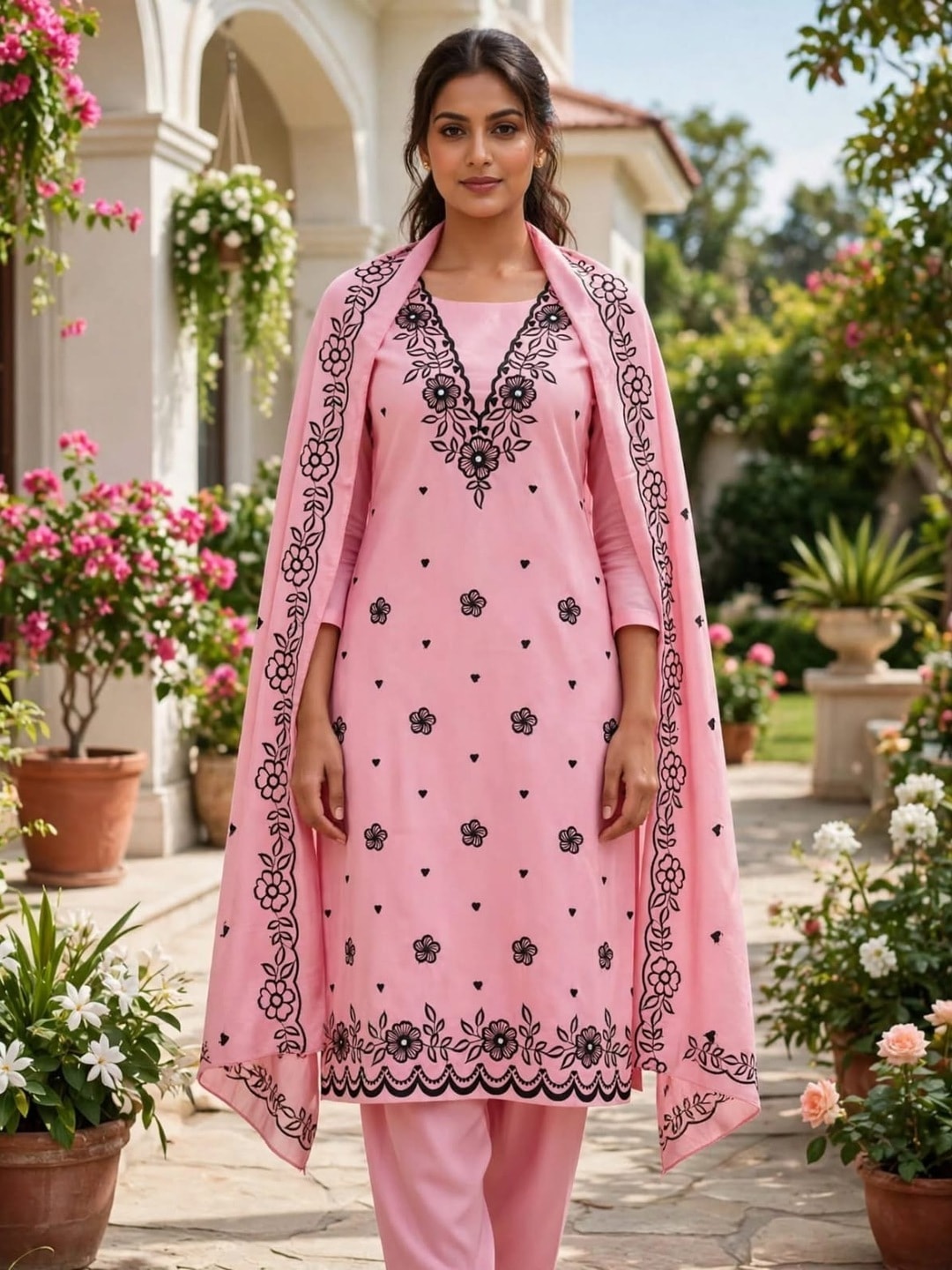 Peachmode Pink Poly Rayon Unstitched Dress Material With Black Floral Embroidered Neck And Daman Work And Embroidered Dupatta - Image 2