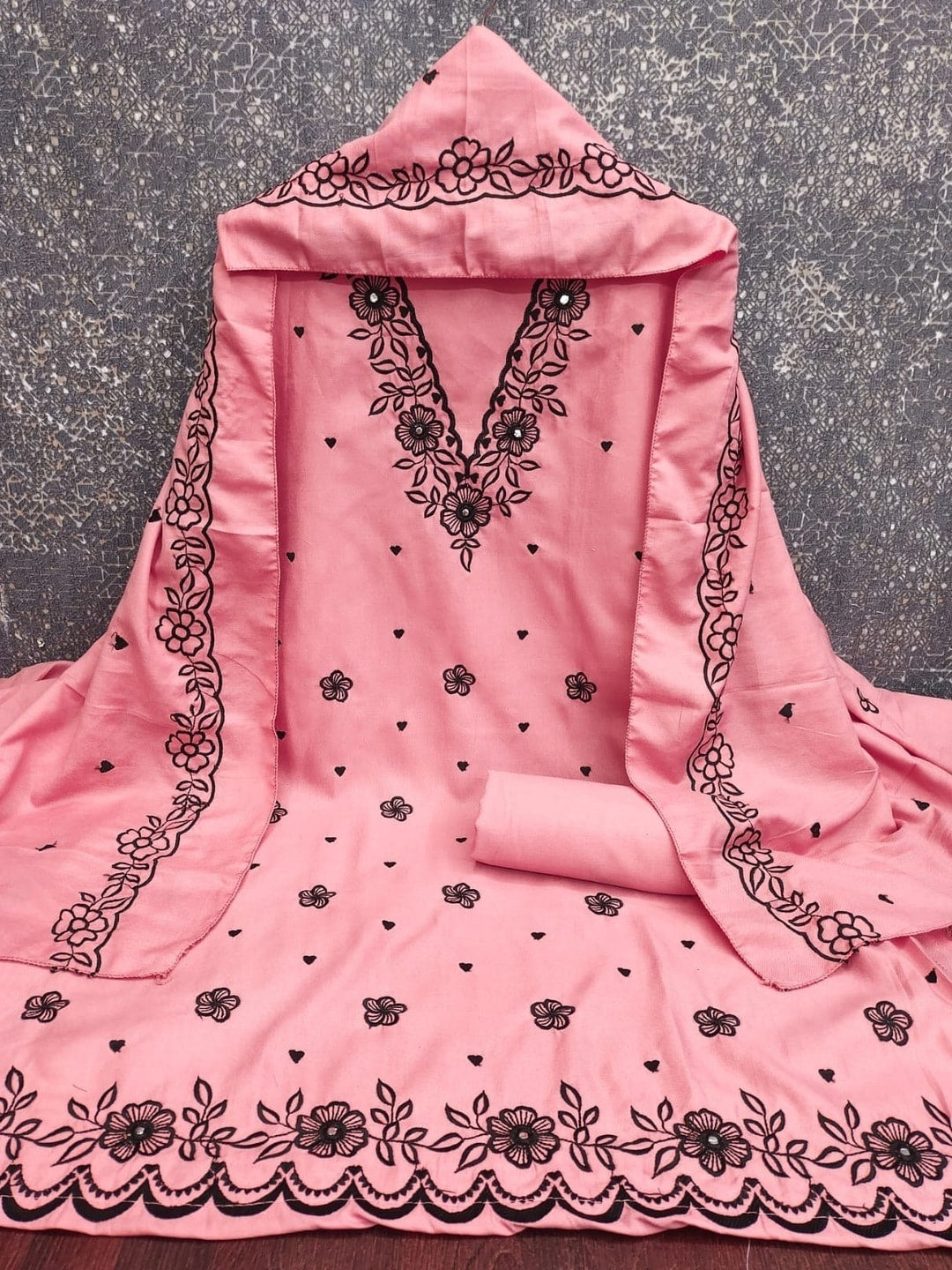 Peachmode Pink Poly Rayon Unstitched Dress Material With Black Floral Embroidered Neck And Daman Work And Embroidered Dupatta - Image 4