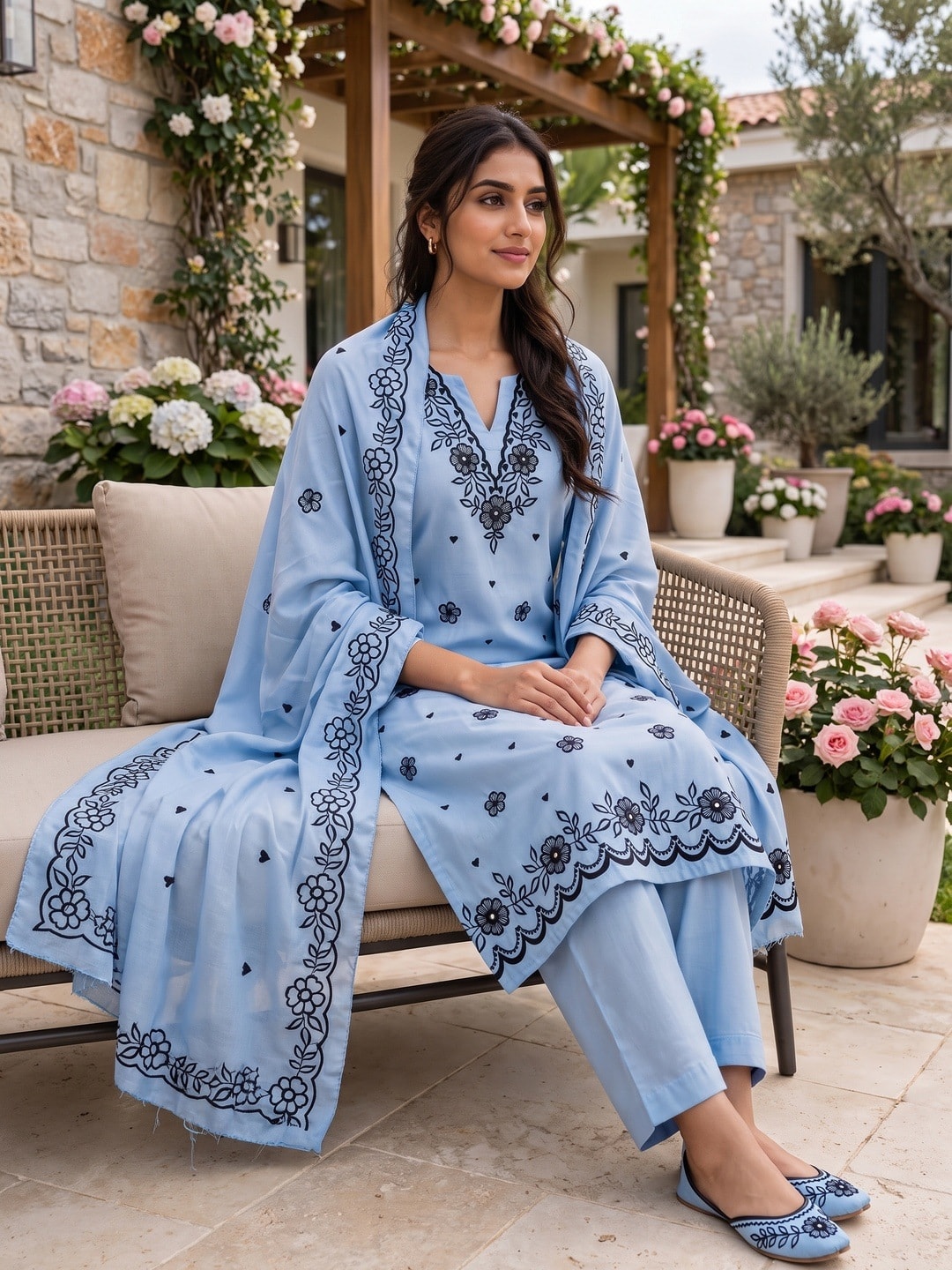 Peachmode Sky Blue Poly Rayon Unstitched Dress Material With Black Floral Embroidered Neck And Daman Work And Embroidered Dupatta - Image 2