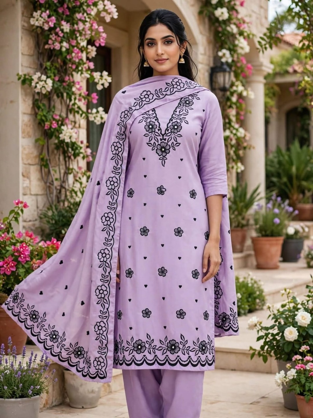Peachmode Lavender Poly Rayon Unstitched Dress Material With Black Floral Embroidered Neck And Daman Work And Embroidered Dupatta - Image 2