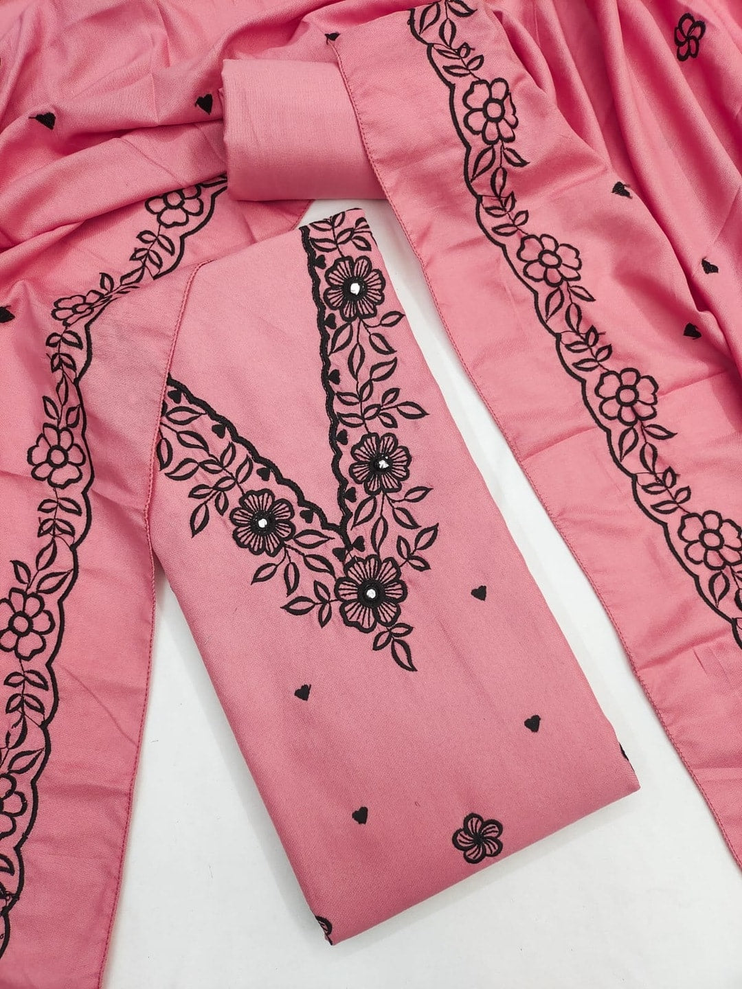 Peachmode Pink Poly Rayon Unstitched Dress Material With Black Floral Embroidered Neck And Daman Work And Embroidered Dupatta - Image 5