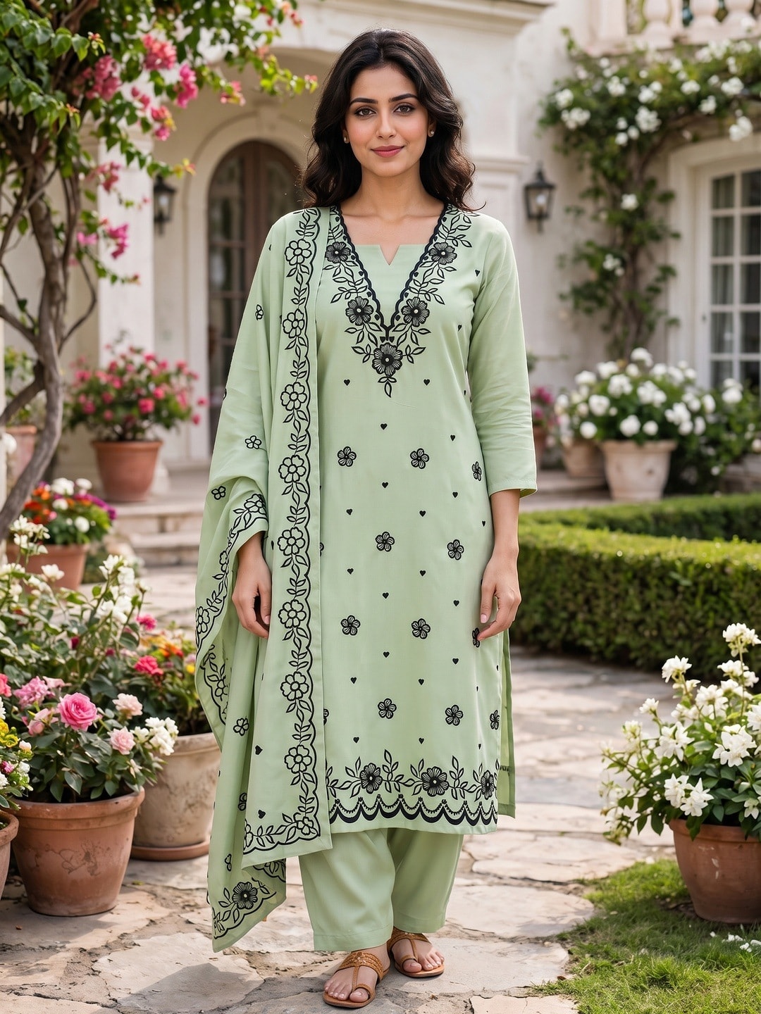 Peachmode Light Green Poly Rayon Unstitched Dress Material With Black Floral Embroidered Neck And Daman Work And Embroidered Dupatta - Image 2