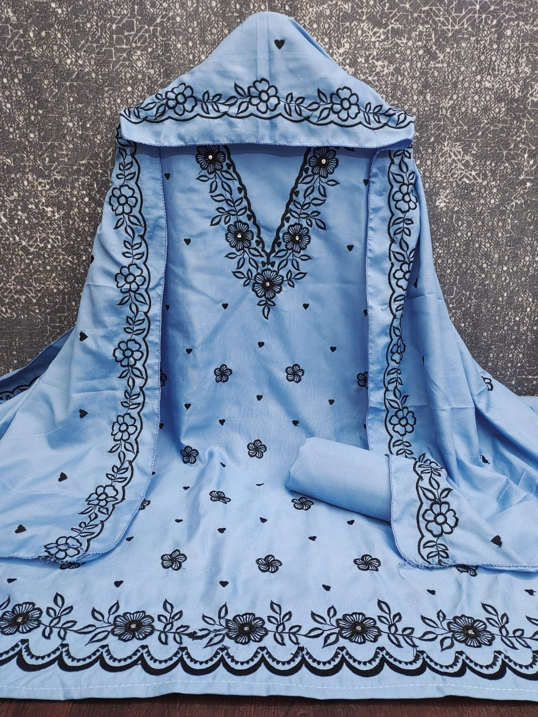 Peachmode Sky Blue Poly Rayon Unstitched Dress Material With Black Floral Embroidered Neck And Daman Work And Embroidered Dupatta - Image 4