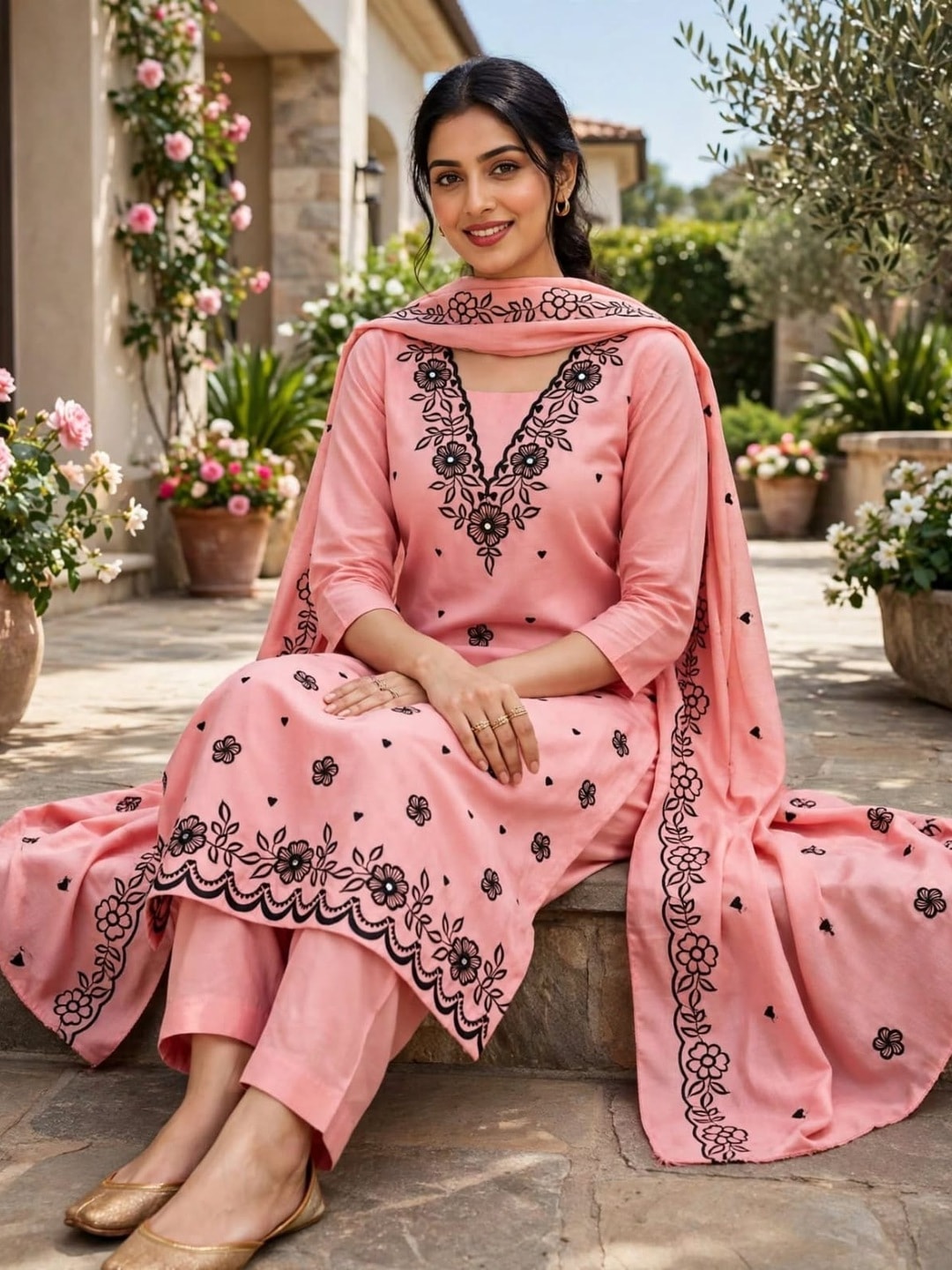 Peachmode Pink Poly Rayon Unstitched Dress Material With Black Floral Embroidered Neck And Daman Work And Embroidered Dupatta - Image 3