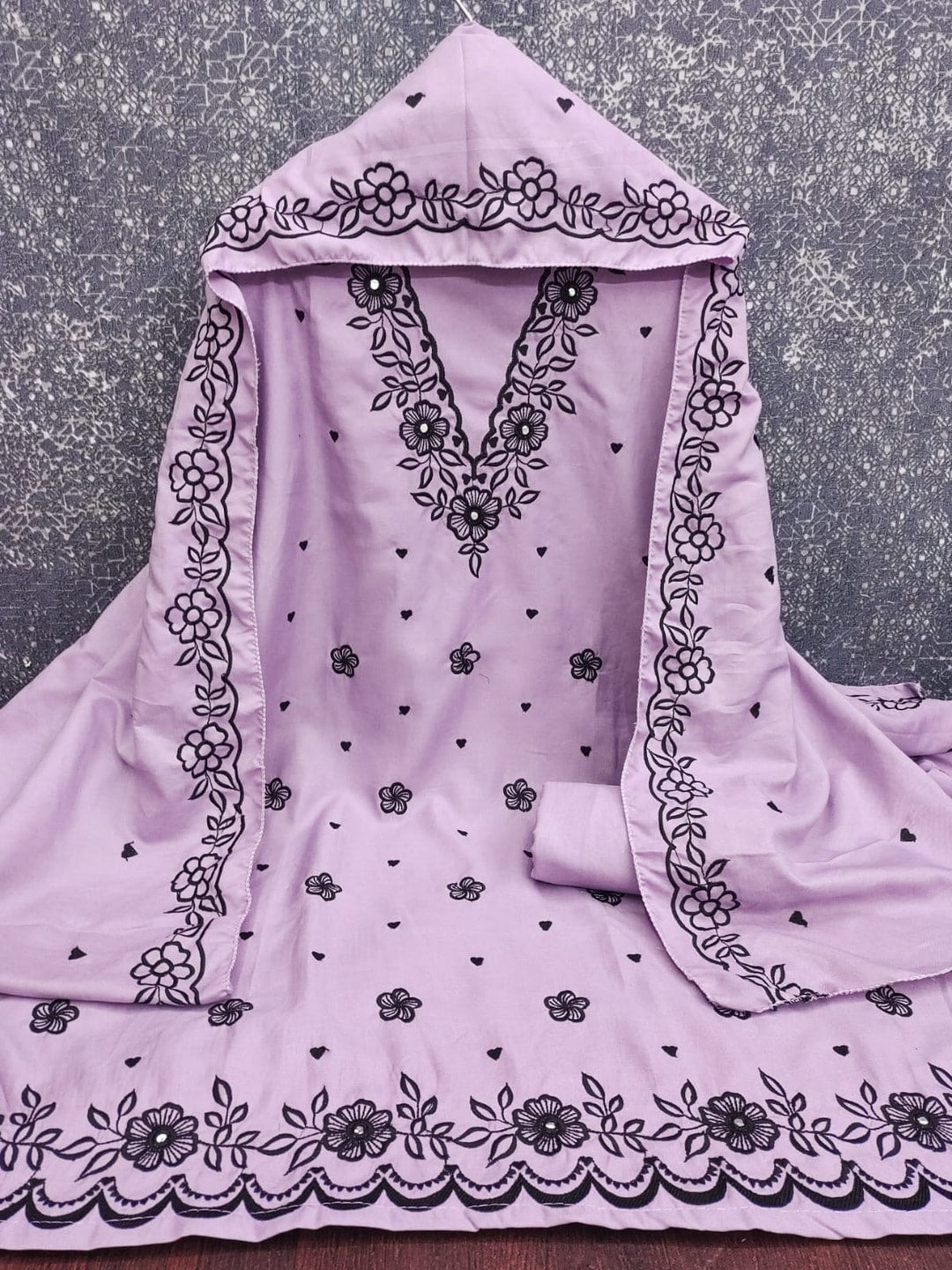 Peachmode Lavender Poly Rayon Unstitched Dress Material With Black Floral Embroidered Neck And Daman Work And Embroidered Dupatta - Image 4