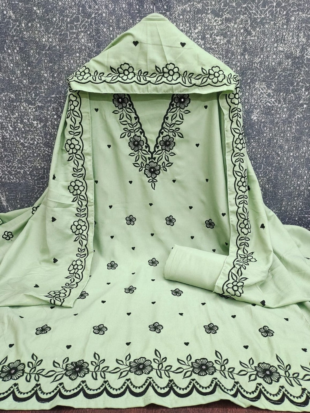 Peachmode Light Green Poly Rayon Unstitched Dress Material With Black Floral Embroidered Neck And Daman Work And Embroidered Dupatta - Image 4
