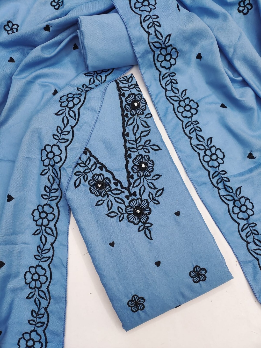 Peachmode Sky Blue Poly Rayon Unstitched Dress Material With Black Floral Embroidered Neck And Daman Work And Embroidered Dupatta - Image 5