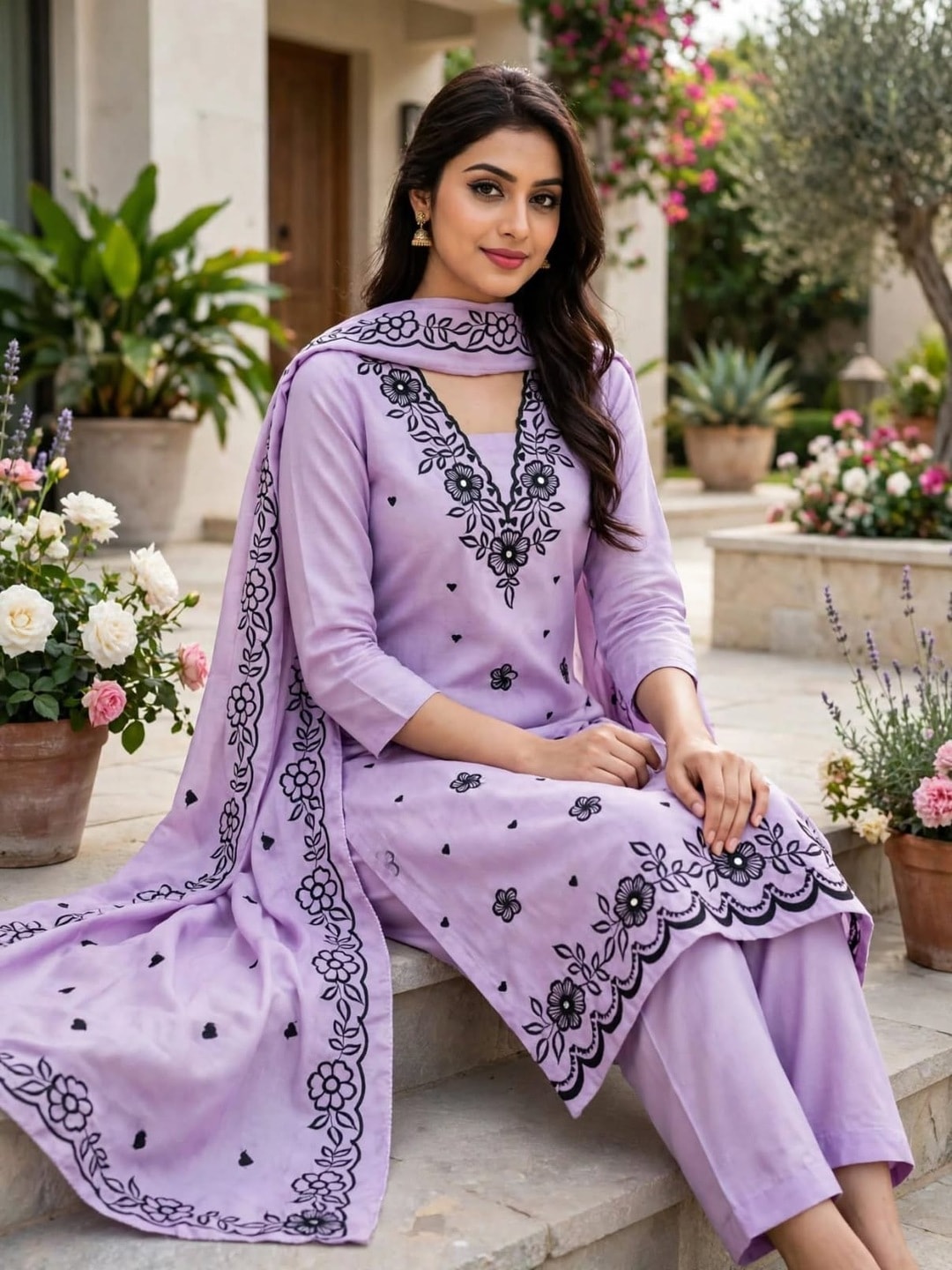 Peachmode Lavender Poly Rayon Unstitched Dress Material With Black Floral Embroidered Neck And Daman Work And Embroidered Dupatta - Image 3