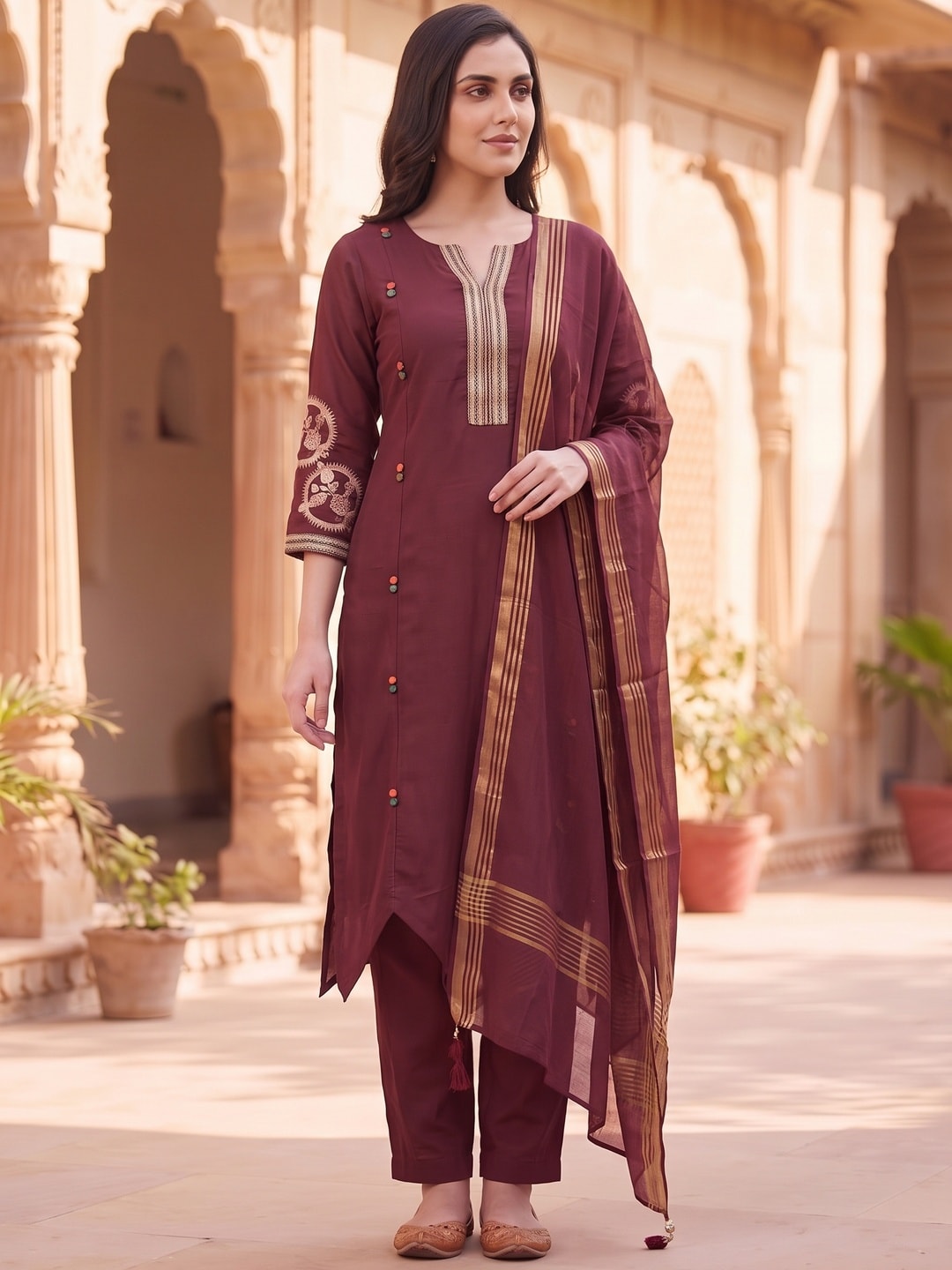 Peachmode Maroon Chanderi Silk Salwar Suit With Embroidered V Placket - Image 3