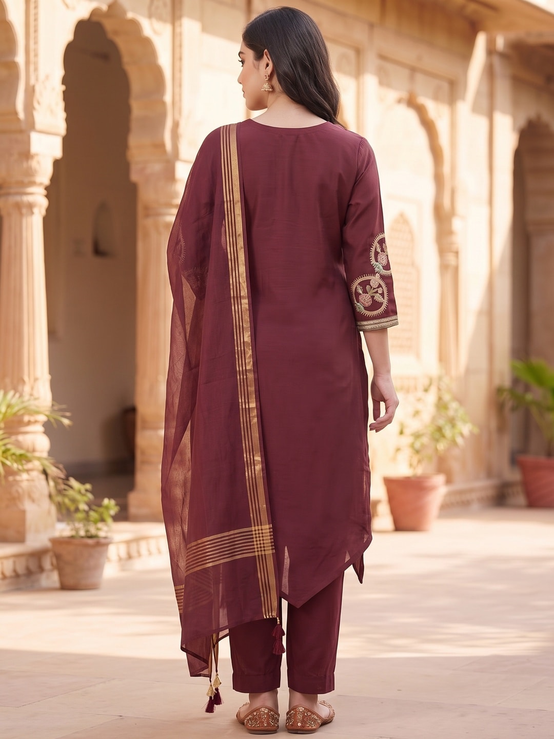 Peachmode Maroon Chanderi Silk Salwar Suit With Embroidered V Placket - Image 4
