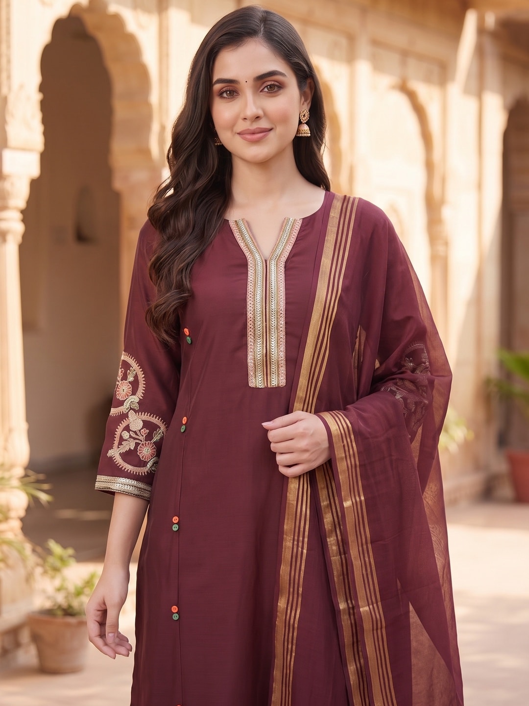 Peachmode Maroon Chanderi Silk Salwar Suit With Embroidered V Placket - Image 5
