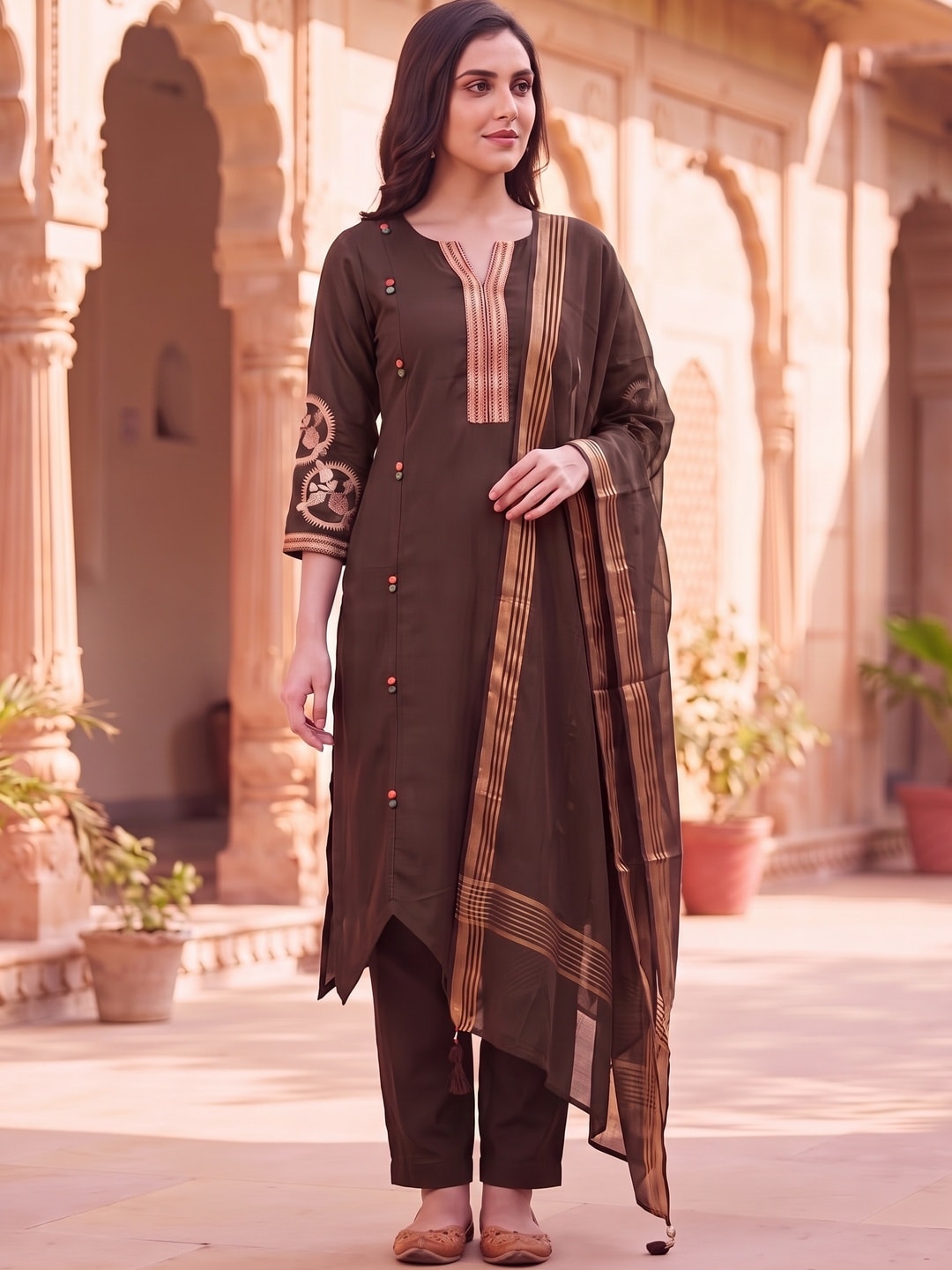 Peachmode Brown Chanderi Silk Salwar Suit With Embroidered V Placket - Image 3