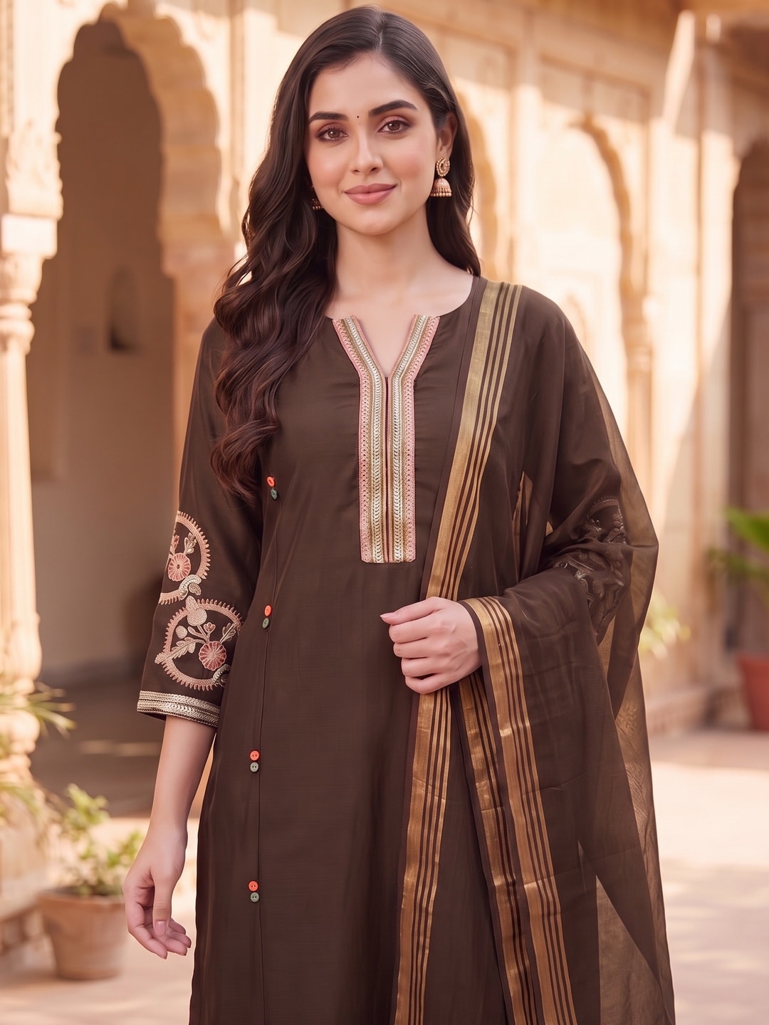 Peachmode Brown Chanderi Silk Salwar Suit With Embroidered V Placket - Image 5