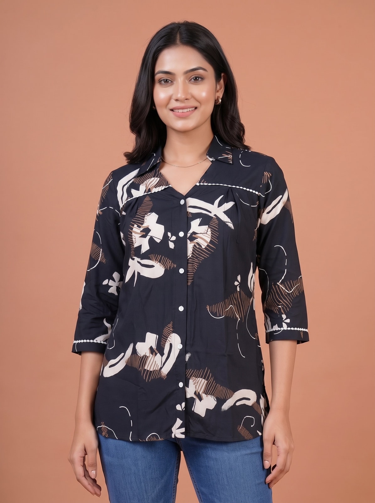 Peachmode Dark Blue Rayon Abstract Printed Collared Shirt - Image 5