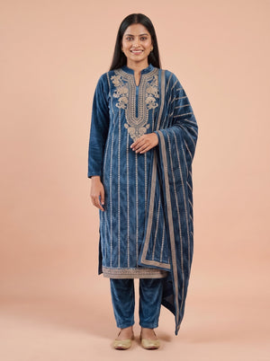 Peachmode Blue Gold Embroidered Velvet Salwar Suit with Dupatta - Image 1