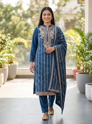 Peachmode Blue Gold Embroidered Velvet Salwar Suit with Dupatta - Image 2