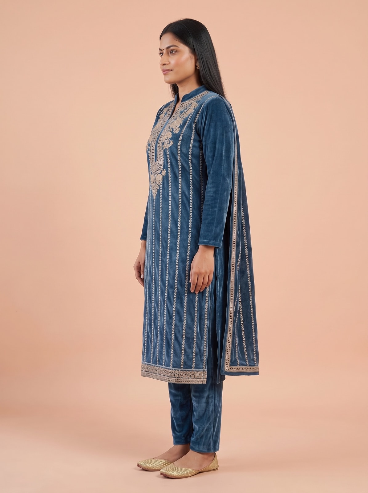 Peachmode Blue Gold Embroidered Velvet Salwar Suit with Dupatta - Image 3