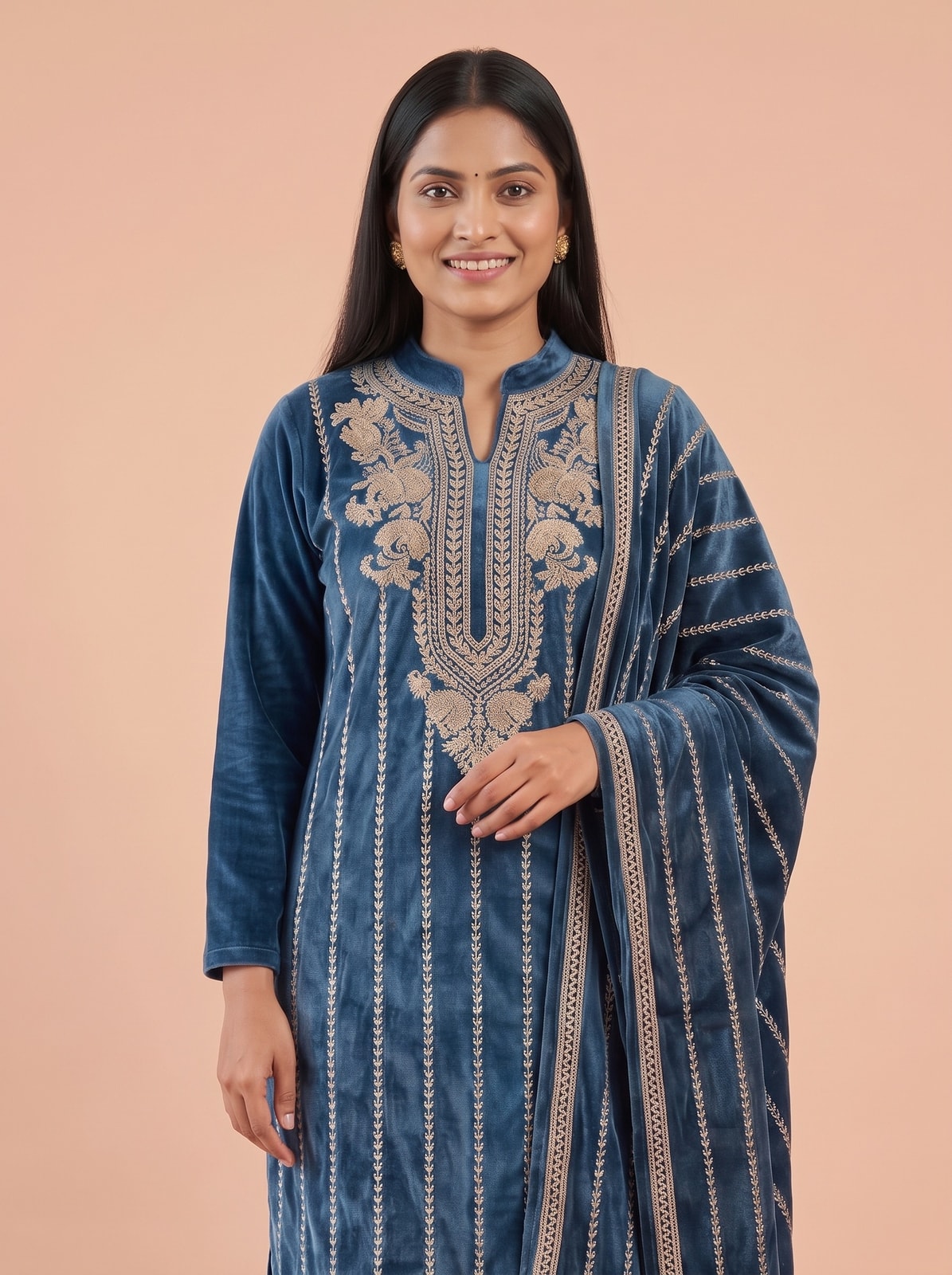 Peachmode Blue Gold Embroidered Velvet Salwar Suit with Dupatta - Image 5