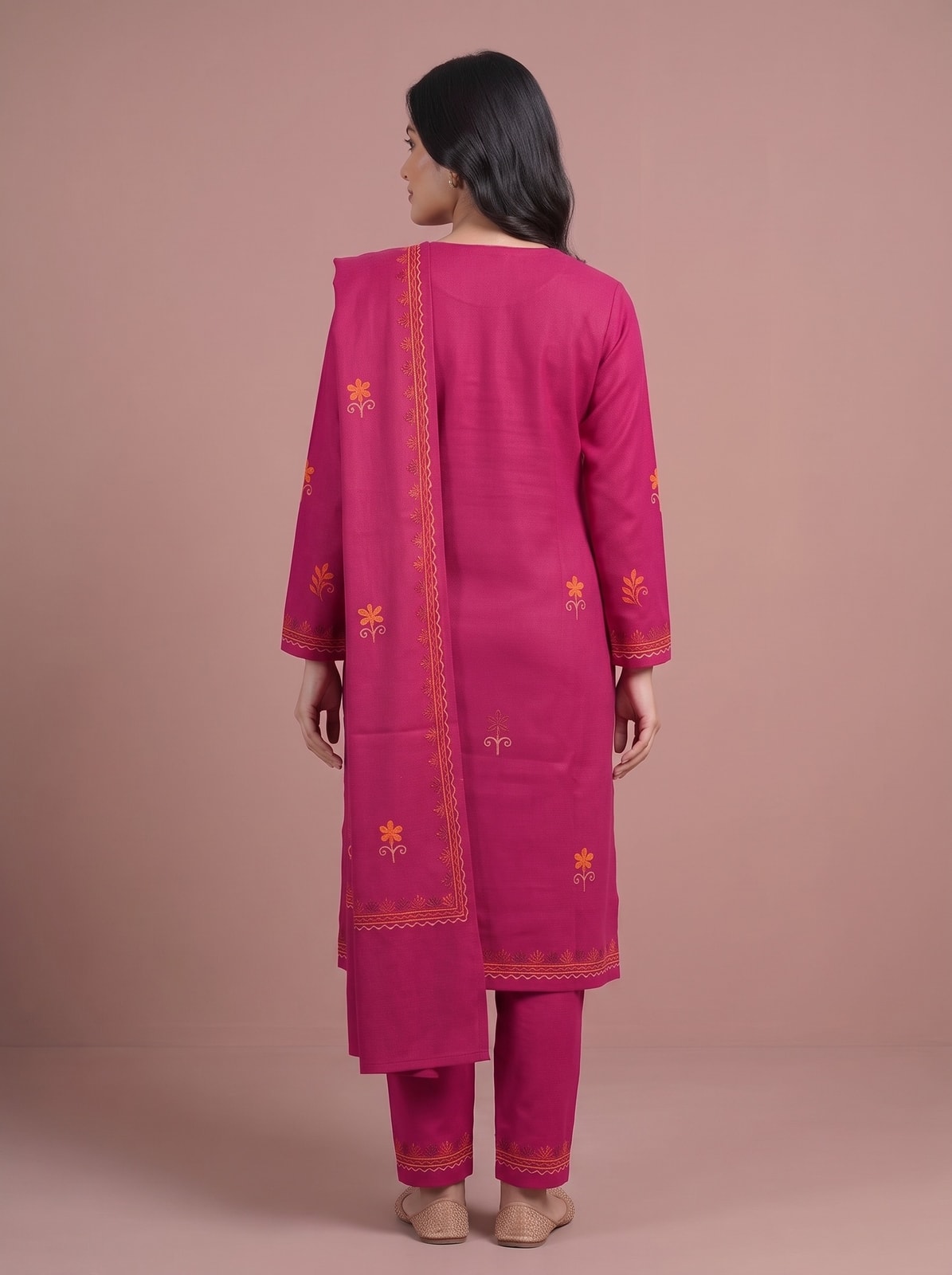 Peachmode Pink Woolen Salwar Suit With Floral Embroidery - Image 4