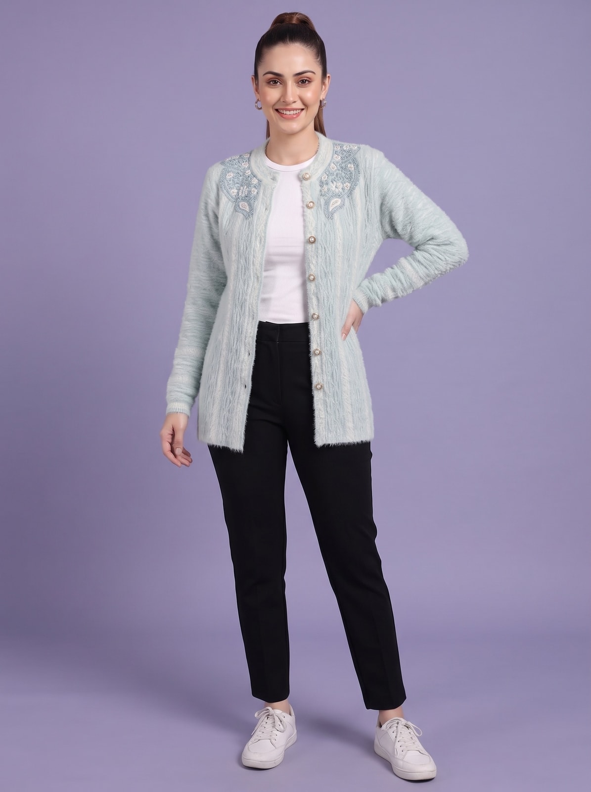 Peachmode Ice Blue Ombre Cable Beaded Yoke Woolen Cardigan - Image 1