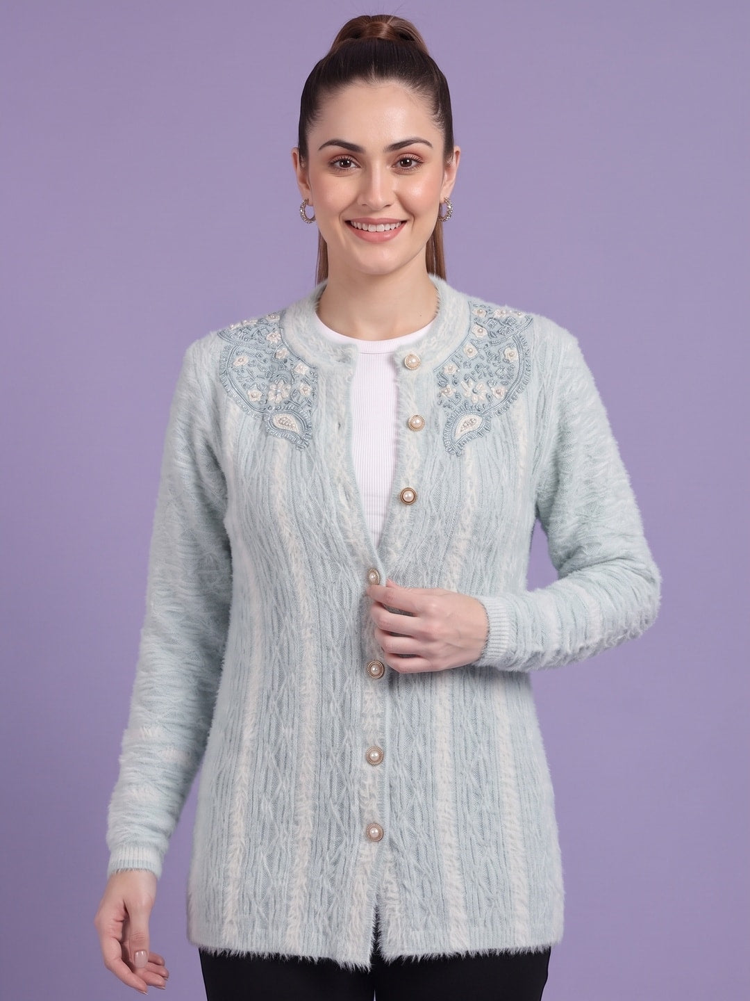Peachmode Ice Blue Ombre Cable Beaded Yoke Woolen Cardigan - Image 5