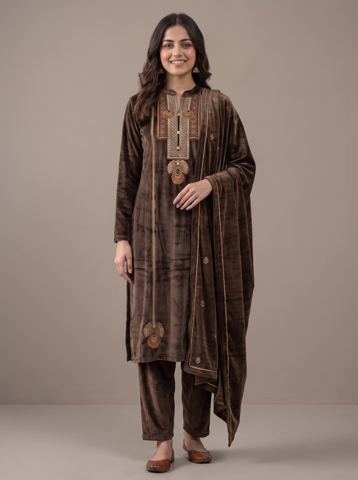 Peachmode Brown Embroidered Velvet Salwar Suit with Dupatta - Image 1