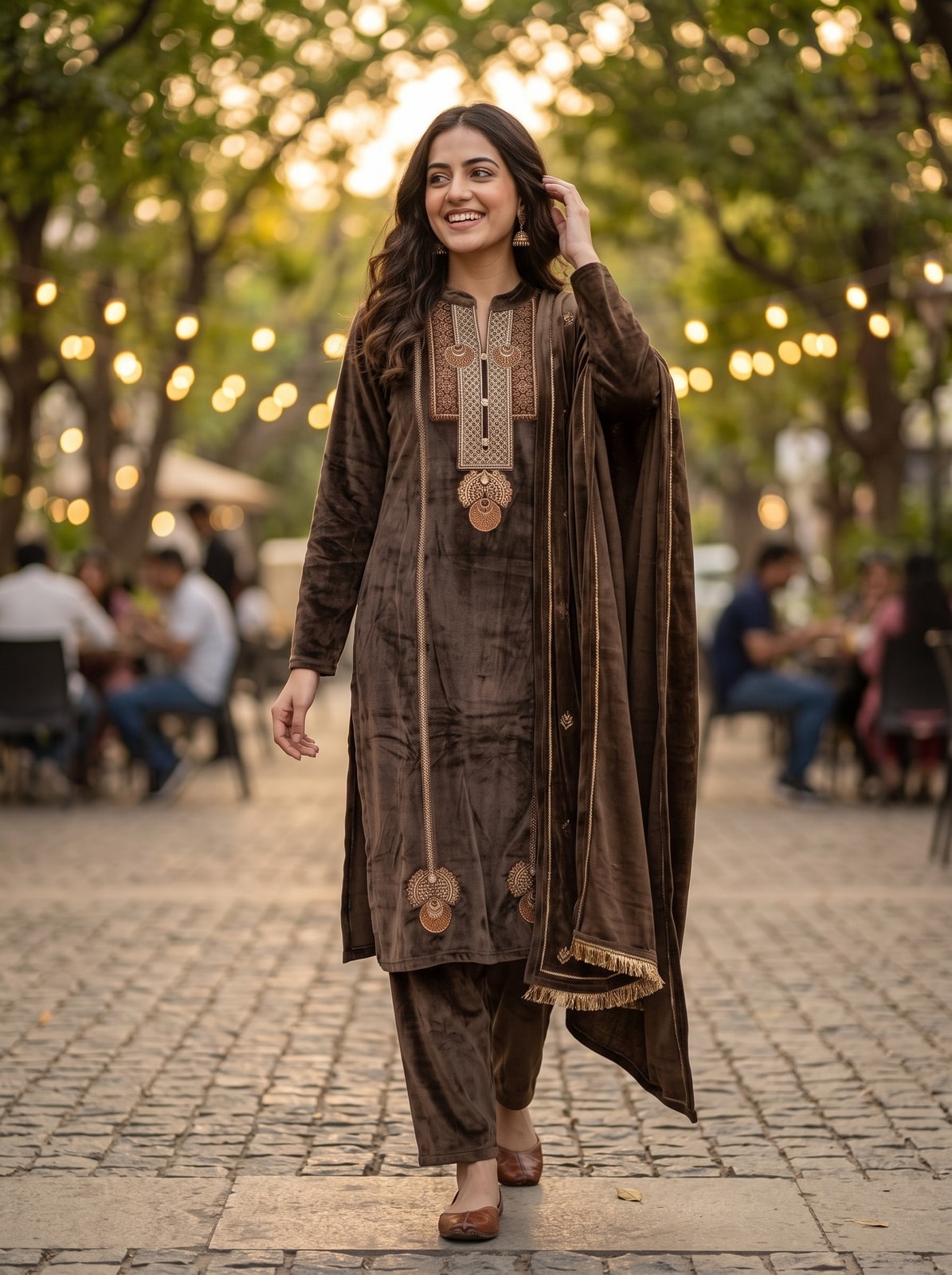 Peachmode Brown Embroidered Velvet Salwar Suit with Dupatta - Image 2