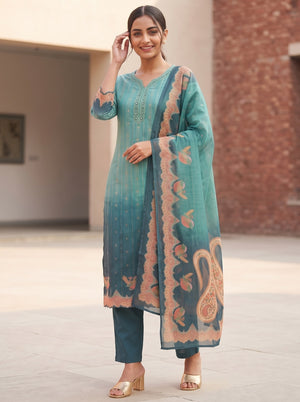 Peachmode Teal Viscose Blend Embroidered V-Neck Salwar Suit With Printed Dupatta - Image 2