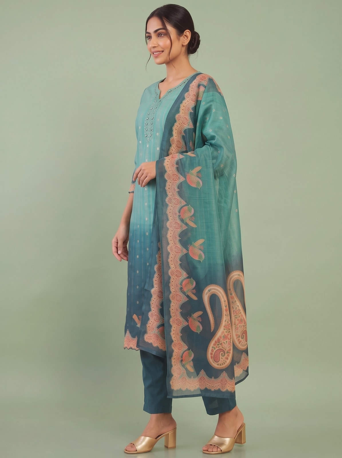 Peachmode Teal Viscose Blend Embroidered V-Neck Salwar Suit With Printed Dupatta - Image 3