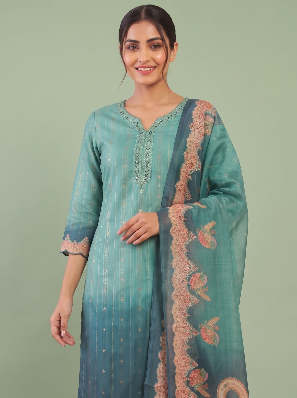 Peachmode Teal Viscose Blend Embroidered V-Neck Salwar Suit With Printed Dupatta - Image 5