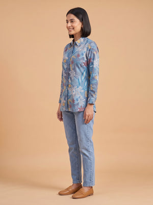 Peachmode Blue Floral Print Cotton Shirt - Image 3