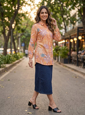 Peachmode Peach Floral Print Cotton Shirt - Image 2