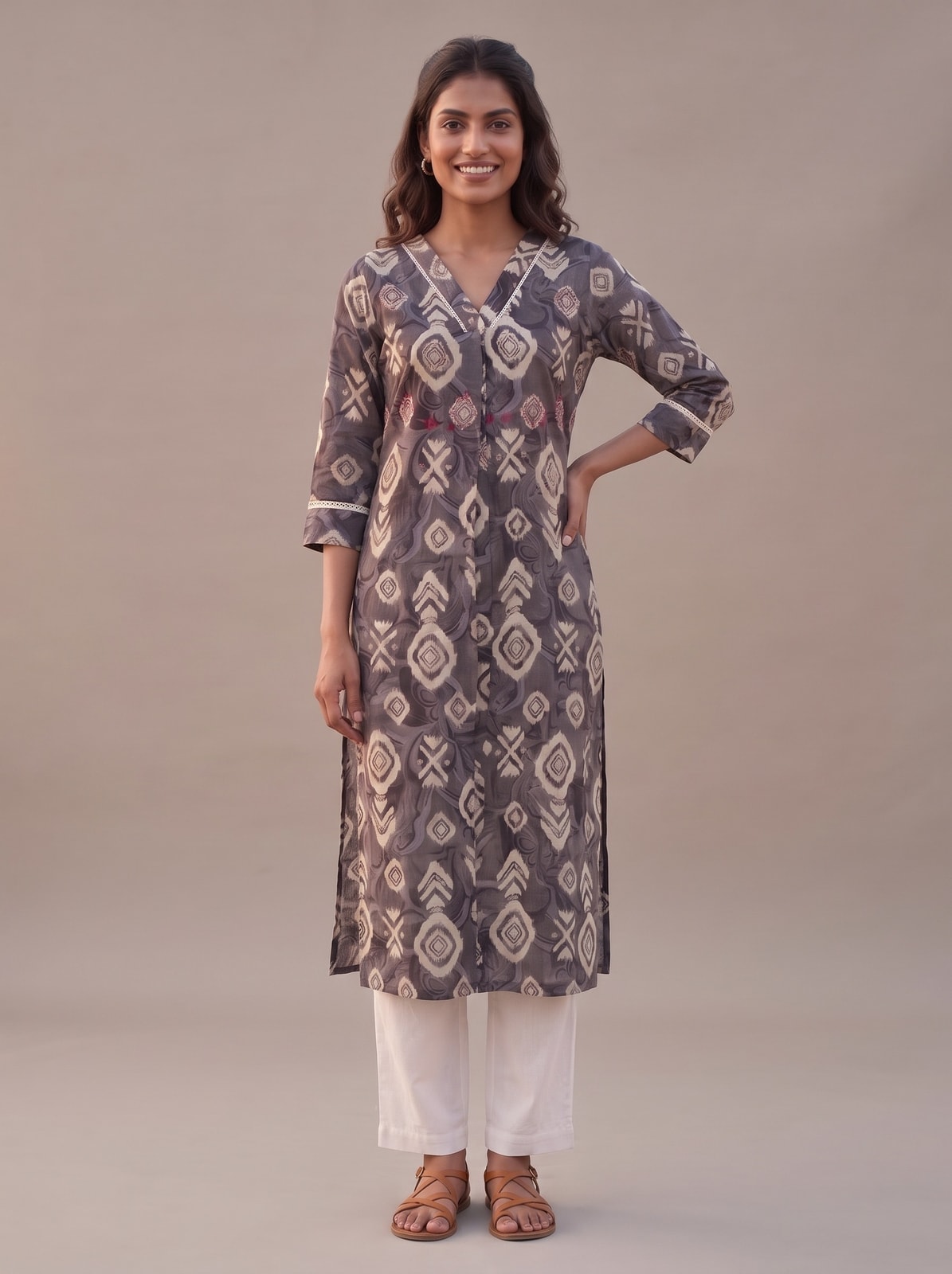 Peachmode Grey Viscose Blend Geometric Printed Kurti - Image 1