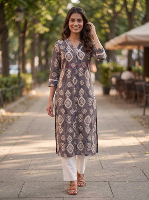 Peachmode Grey Viscose Blend Geometric Printed Kurti - Image 2