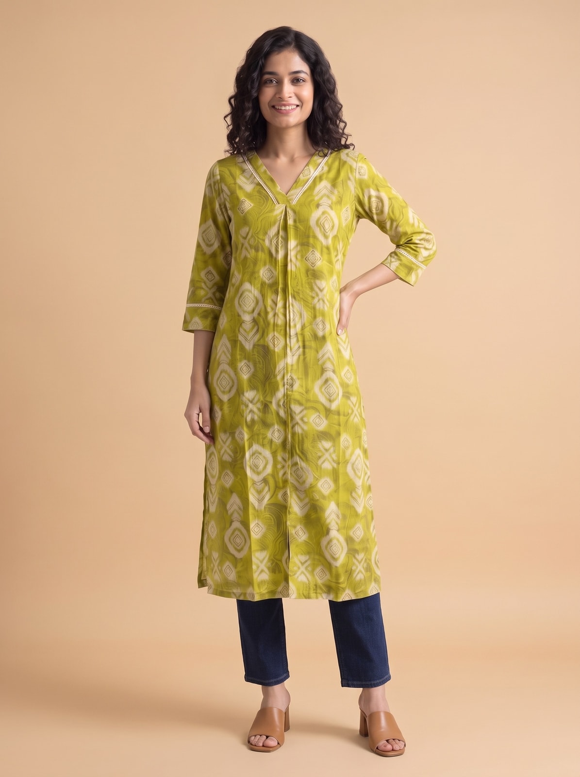 Green Viscose Blend Geometric Printed Kurti - Image 1