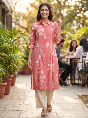 Peachmode Pink Floral Print Viscose Blend Shirt Kurti - Image 2