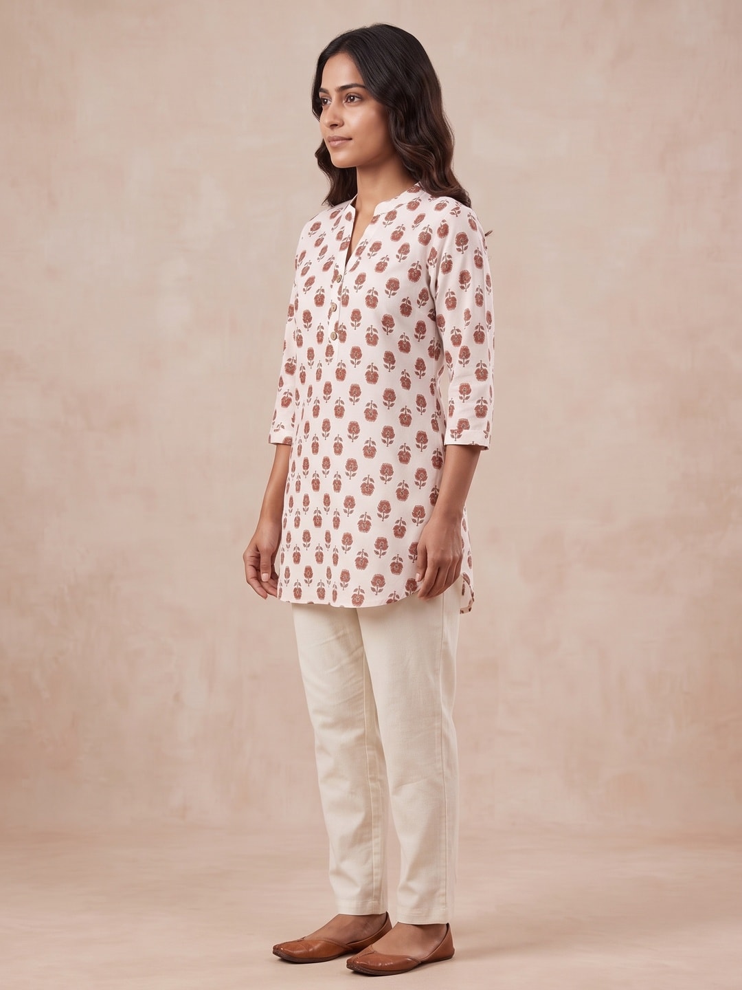 Rust and White Pure Cotton Floral Printed Top - Image 3