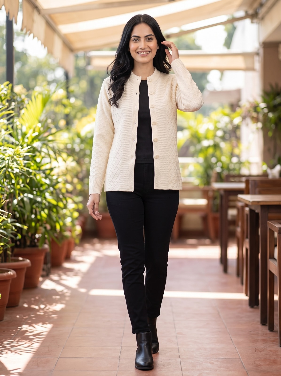 Peachmode White Cable Knit Pearl Beaded Woolen Cardigan - Image 2