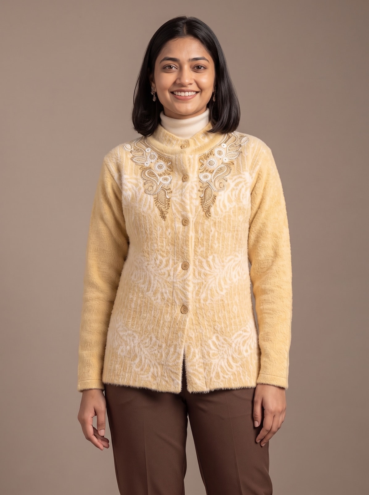 Peachmode Mustard Woolen Embroidered Cardigan - Image 5