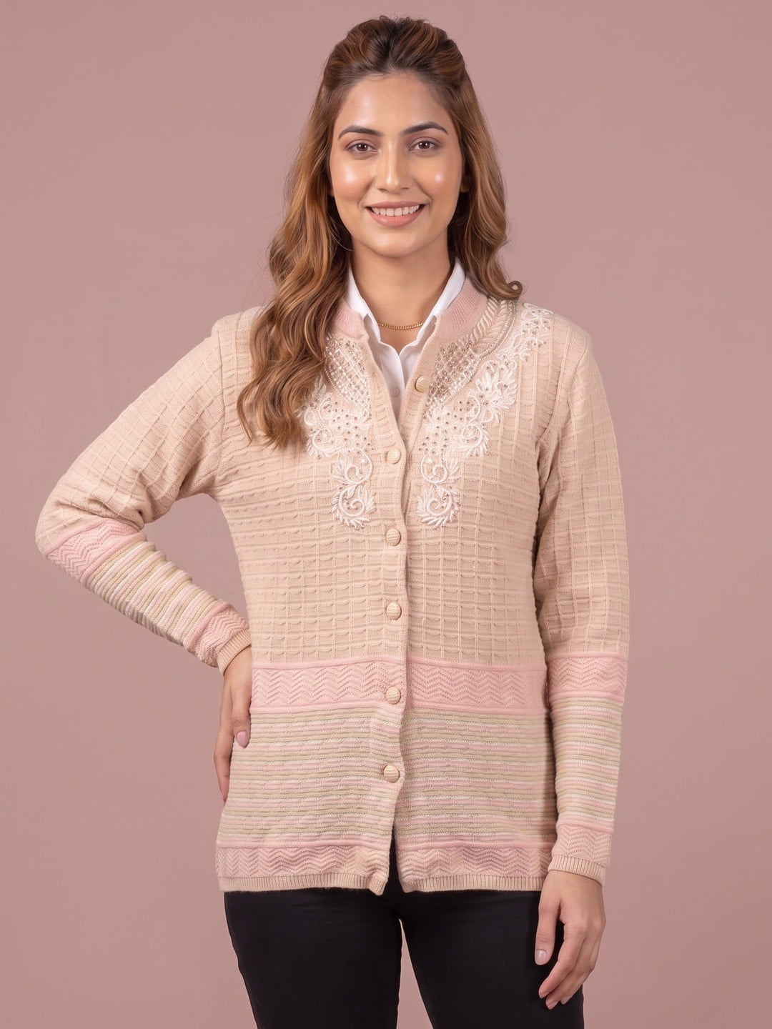 Peachmode Beige Waffle Knit Embroidered Woolen Cardigan - Image 1